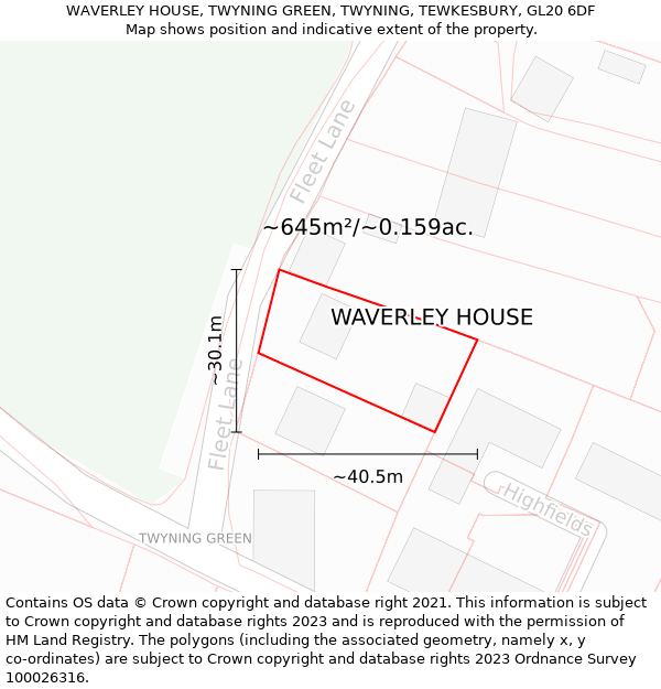 WAVERLEY HOUSE, TWYNING GREEN, TWYNING, TEWKESBURY, GL20 6DF: Plot and title map