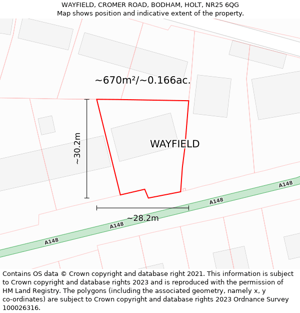 WAYFIELD, CROMER ROAD, BODHAM, HOLT, NR25 6QG: Plot and title map