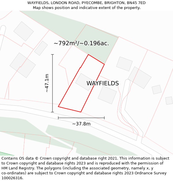 WAYFIELDS, LONDON ROAD, PYECOMBE, BRIGHTON, BN45 7ED: Plot and title map