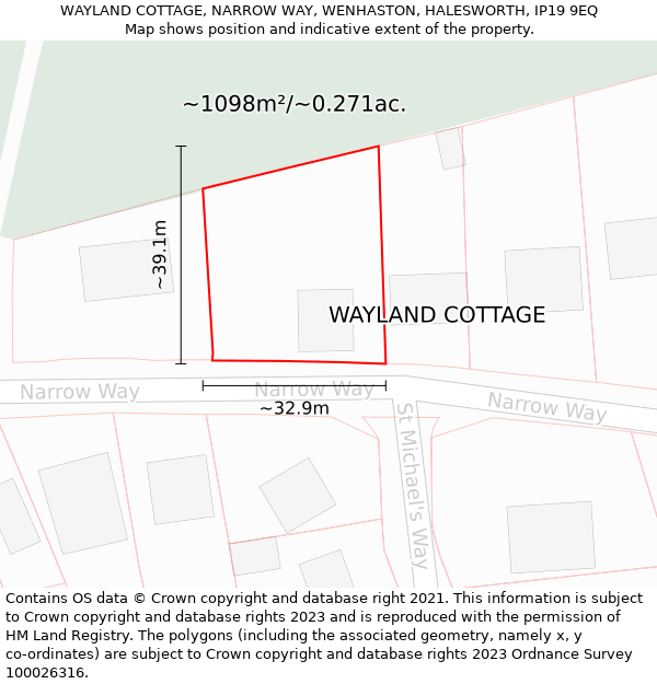 WAYLAND COTTAGE, NARROW WAY, WENHASTON, HALESWORTH, IP19 9EQ: Plot and title map