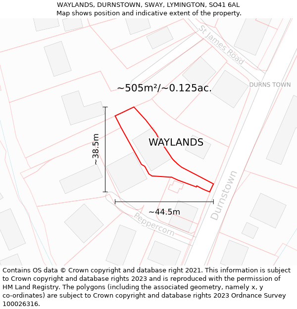 WAYLANDS, DURNSTOWN, SWAY, LYMINGTON, SO41 6AL: Plot and title map