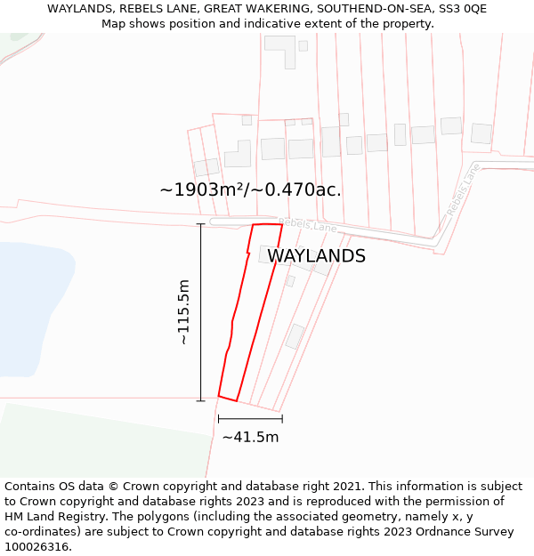 WAYLANDS, REBELS LANE, GREAT WAKERING, SOUTHEND-ON-SEA, SS3 0QE: Plot and title map