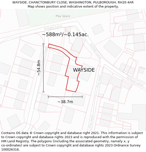 WAYSIDE, CHANCTONBURY CLOSE, WASHINGTON, PULBOROUGH, RH20 4AR: Plot and title map