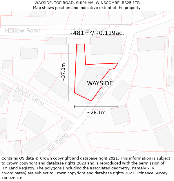 WAYSIDE, TOP ROAD, SHIPHAM, WINSCOMBE, BS25 1TB: Plot and title map