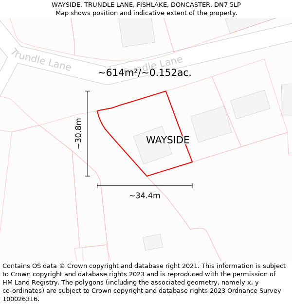 WAYSIDE, TRUNDLE LANE, FISHLAKE, DONCASTER, DN7 5LP: Plot and title map