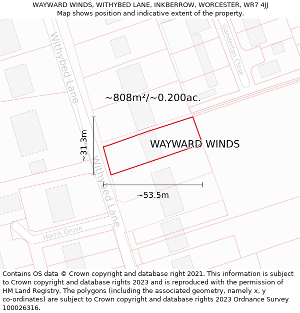 WAYWARD WINDS, WITHYBED LANE, INKBERROW, WORCESTER, WR7 4JJ: Plot and title map