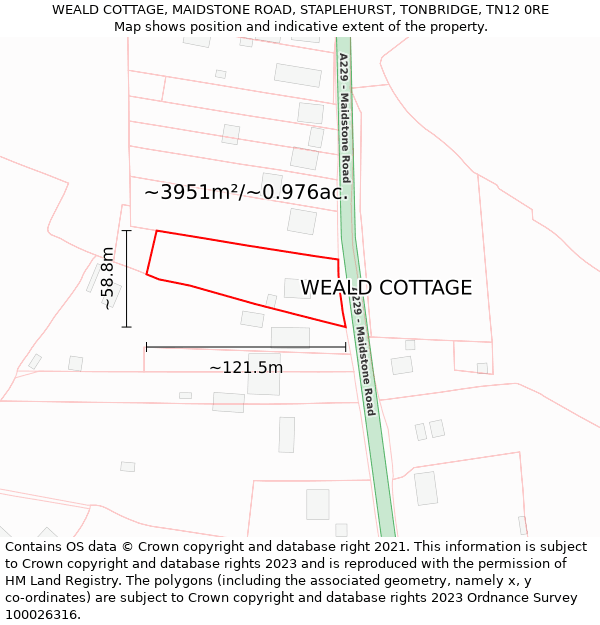 WEALD COTTAGE, MAIDSTONE ROAD, STAPLEHURST, TONBRIDGE, TN12 0RE: Plot and title map