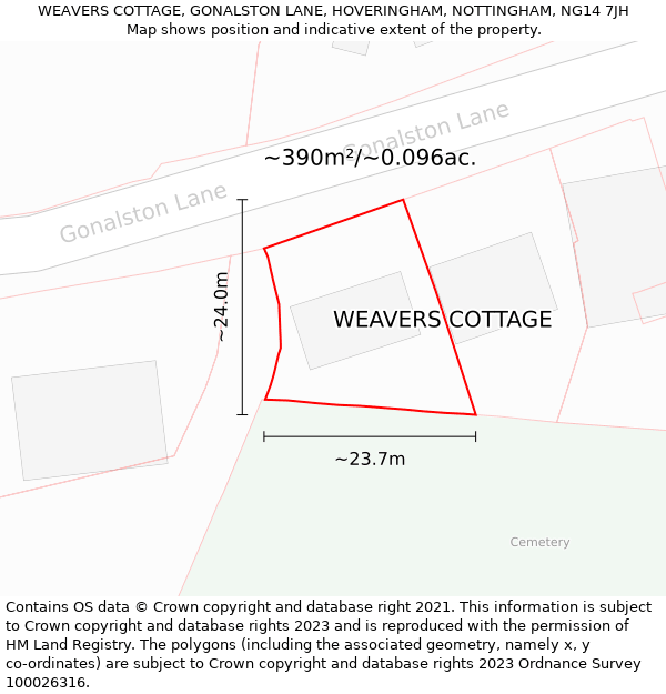 WEAVERS COTTAGE, GONALSTON LANE, HOVERINGHAM, NOTTINGHAM, NG14 7JH: Plot and title map