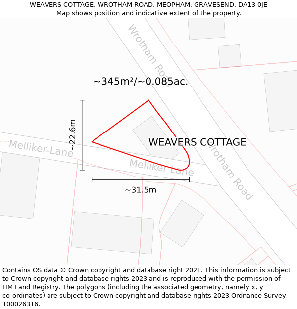 WEAVERS COTTAGE, WROTHAM ROAD, MEOPHAM, GRAVESEND, DA13 0JE: Plot and title map