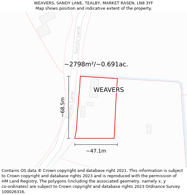 WEAVERS, SANDY LANE, TEALBY, MARKET RASEN, LN8 3YF: Plot and title map