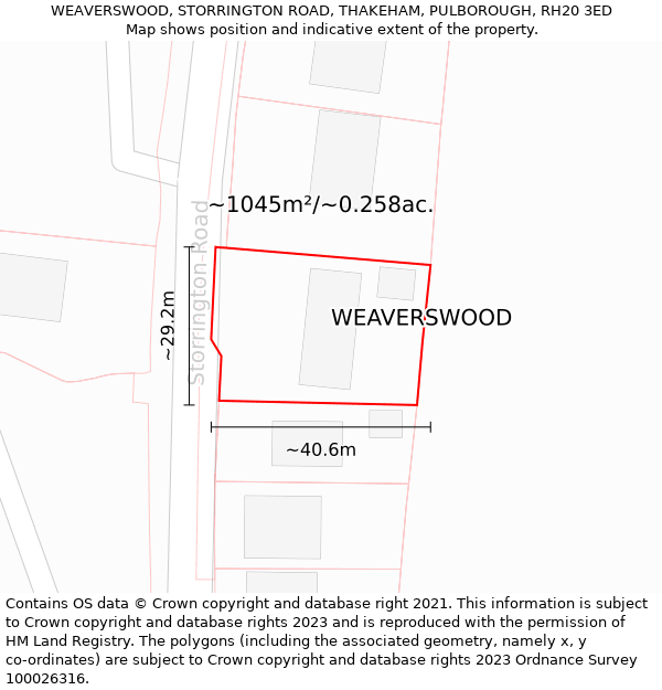 WEAVERSWOOD, STORRINGTON ROAD, THAKEHAM, PULBOROUGH, RH20 3ED: Plot and title map