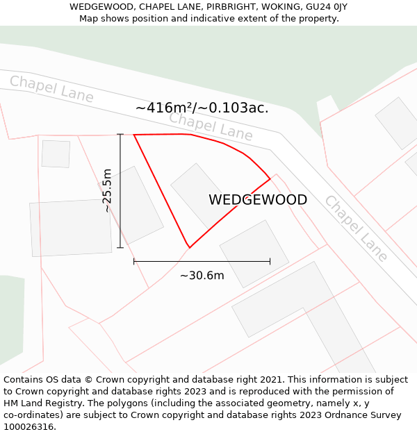 WEDGEWOOD, CHAPEL LANE, PIRBRIGHT, WOKING, GU24 0JY: Plot and title map