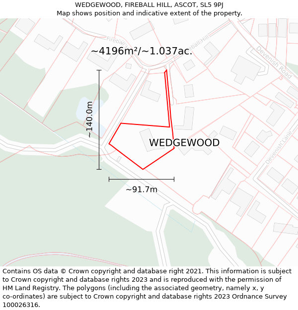 WEDGEWOOD, FIREBALL HILL, ASCOT, SL5 9PJ: Plot and title map