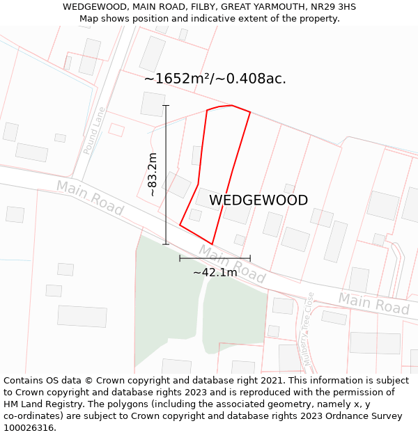 WEDGEWOOD, MAIN ROAD, FILBY, GREAT YARMOUTH, NR29 3HS: Plot and title map