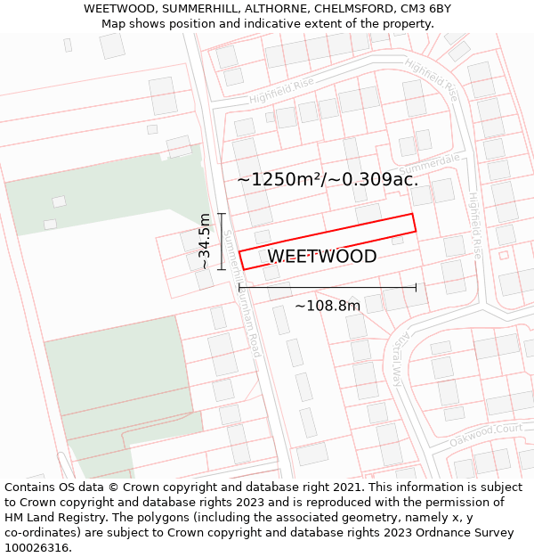 WEETWOOD, SUMMERHILL, ALTHORNE, CHELMSFORD, CM3 6BY: Plot and title map