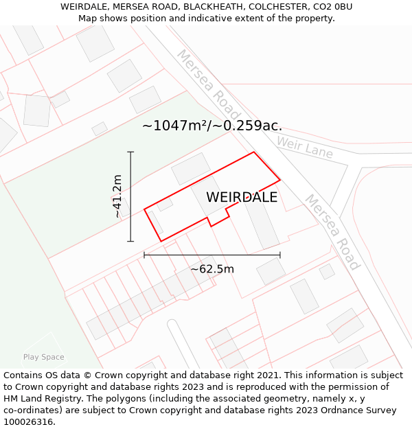WEIRDALE, MERSEA ROAD, BLACKHEATH, COLCHESTER, CO2 0BU: Plot and title map