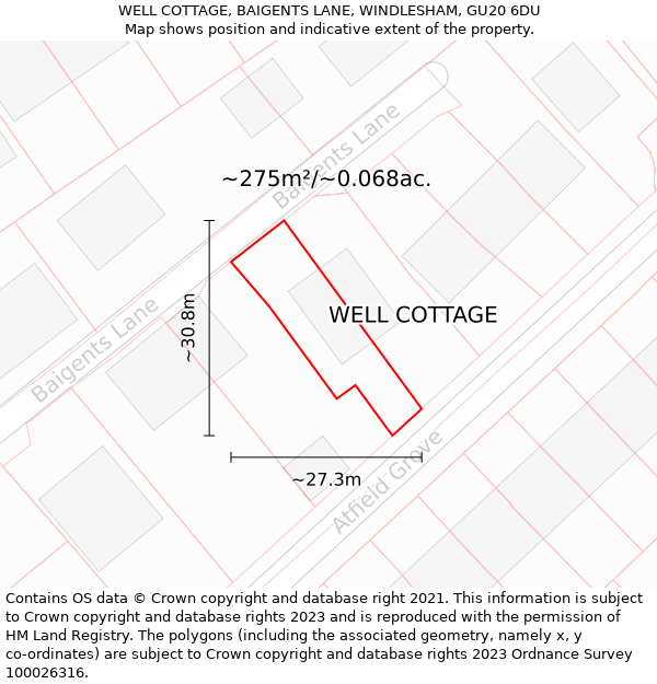 WELL COTTAGE, BAIGENTS LANE, WINDLESHAM, GU20 6DU: Plot and title map