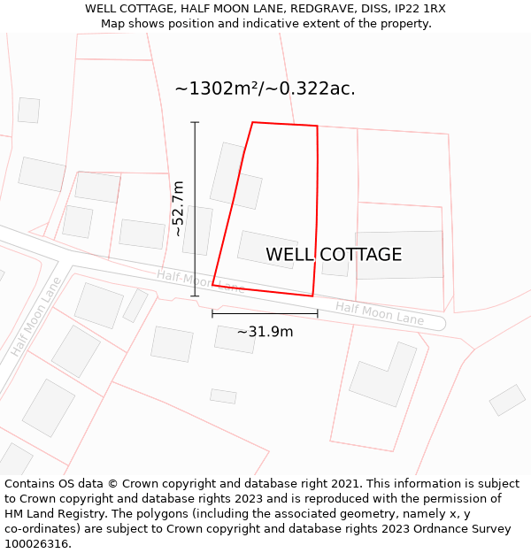 WELL COTTAGE, HALF MOON LANE, REDGRAVE, DISS, IP22 1RX: Plot and title map
