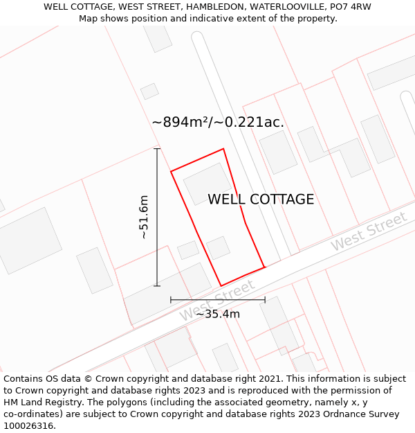 WELL COTTAGE, WEST STREET, HAMBLEDON, WATERLOOVILLE, PO7 4RW: Plot and title map