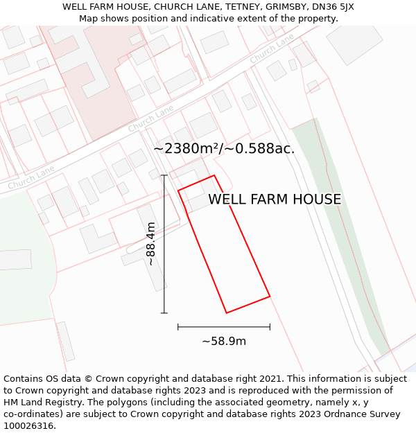 WELL FARM HOUSE, CHURCH LANE, TETNEY, GRIMSBY, DN36 5JX: Plot and title map