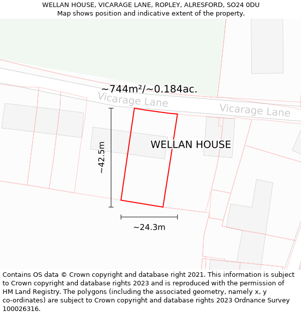 WELLAN HOUSE, VICARAGE LANE, ROPLEY, ALRESFORD, SO24 0DU: Plot and title map