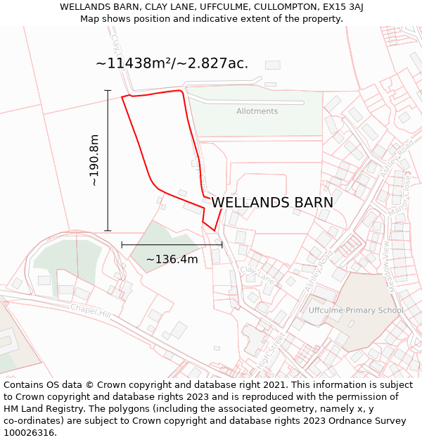 WELLANDS BARN, CLAY LANE, UFFCULME, CULLOMPTON, EX15 3AJ: Plot and title map