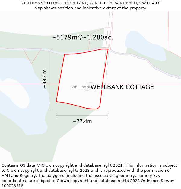 WELLBANK COTTAGE, POOL LANE, WINTERLEY, SANDBACH, CW11 4RY: Plot and title map