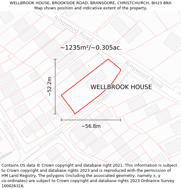 WELLBROOK HOUSE, BROOKSIDE ROAD, BRANSGORE, CHRISTCHURCH, BH23 8NA: Plot and title map