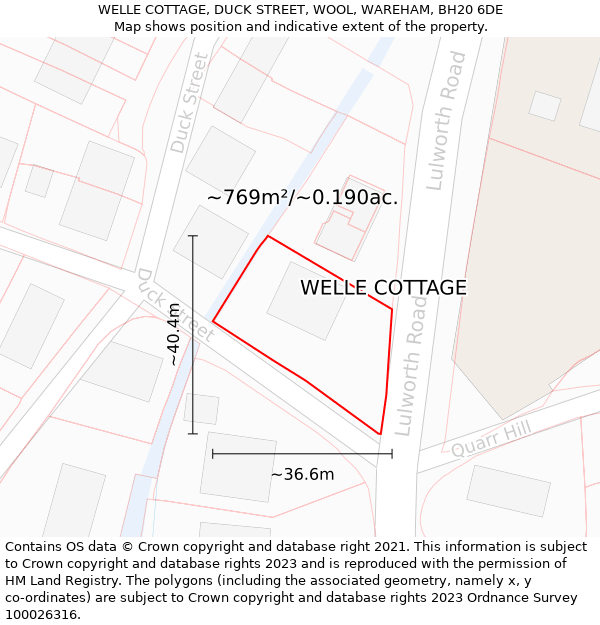 WELLE COTTAGE, DUCK STREET, WOOL, WAREHAM, BH20 6DE: Plot and title map