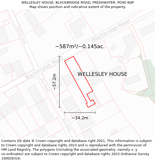 WELLESLEY HOUSE, BLACKBRIDGE ROAD, FRESHWATER, PO40 9QP: Plot and title map