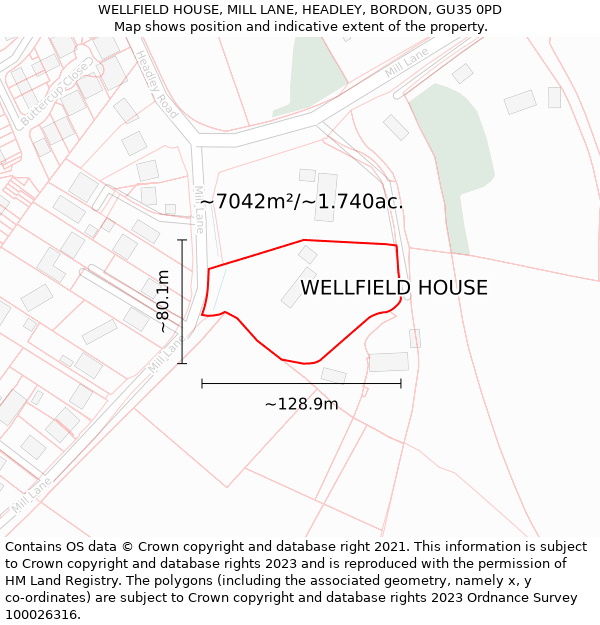 WELLFIELD HOUSE, MILL LANE, HEADLEY, BORDON, GU35 0PD: Plot and title map