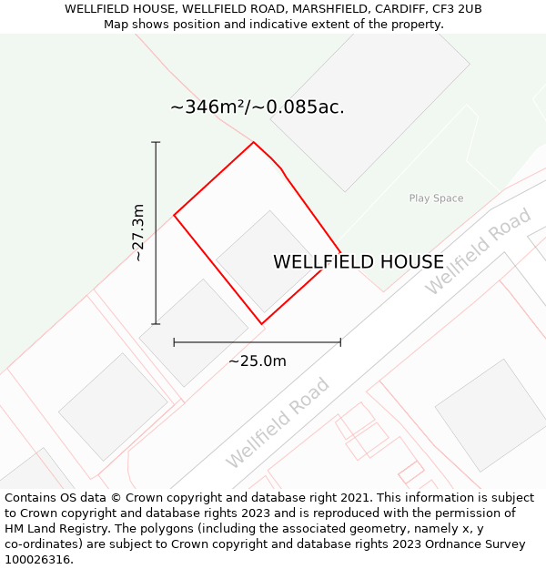 WELLFIELD HOUSE, WELLFIELD ROAD, MARSHFIELD, CARDIFF, CF3 2UB: Plot and title map