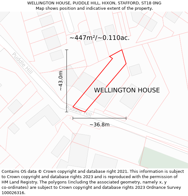 WELLINGTON HOUSE, PUDDLE HILL, HIXON, STAFFORD, ST18 0NG: Plot and title map