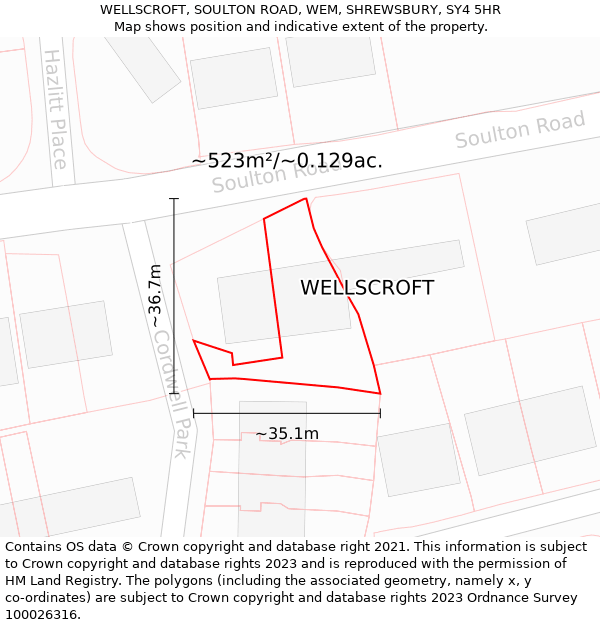 WELLSCROFT, SOULTON ROAD, WEM, SHREWSBURY, SY4 5HR: Plot and title map