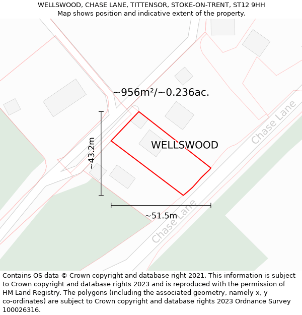 WELLSWOOD, CHASE LANE, TITTENSOR, STOKE-ON-TRENT, ST12 9HH: Plot and title map