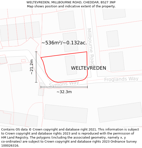 WELTEVREDEN, MILLBOURNE ROAD, CHEDDAR, BS27 3NP: Plot and title map