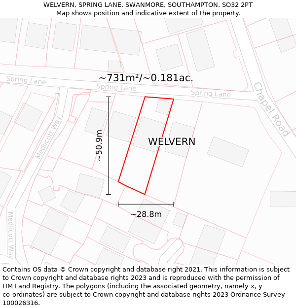 WELVERN, SPRING LANE, SWANMORE, SOUTHAMPTON, SO32 2PT: Plot and title map