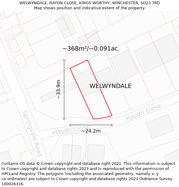 WELWYNDALE, HAYDN CLOSE, KINGS WORTHY, WINCHESTER, SO23 7RD: Plot and title map