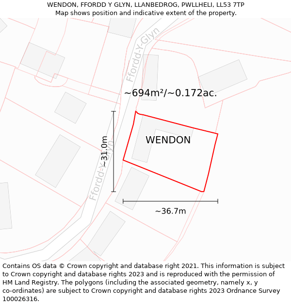 WENDON, FFORDD Y GLYN, LLANBEDROG, PWLLHELI, LL53 7TP: Plot and title map