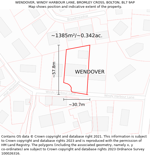 WENDOVER, WINDY HARBOUR LANE, BROMLEY CROSS, BOLTON, BL7 9AP: Plot and title map