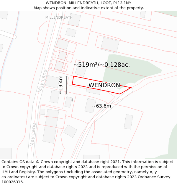WENDRON, MILLENDREATH, LOOE, PL13 1NY: Plot and title map