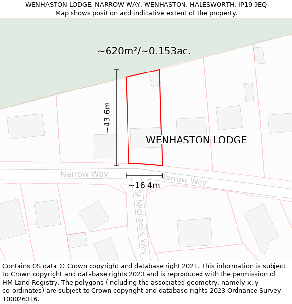 WENHASTON LODGE, NARROW WAY, WENHASTON, HALESWORTH, IP19 9EQ: Plot and title map