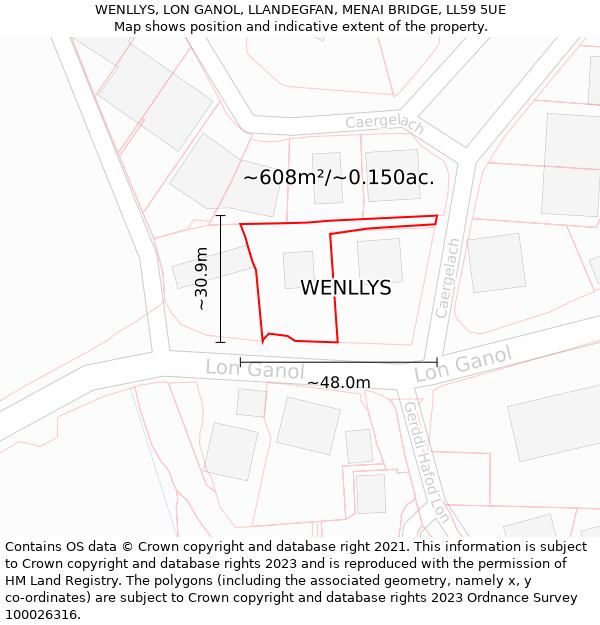WENLLYS, LON GANOL, LLANDEGFAN, MENAI BRIDGE, LL59 5UE: Plot and title map