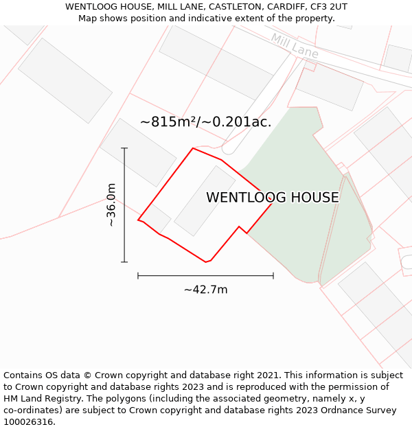 WENTLOOG HOUSE, MILL LANE, CASTLETON, CARDIFF, CF3 2UT: Plot and title map