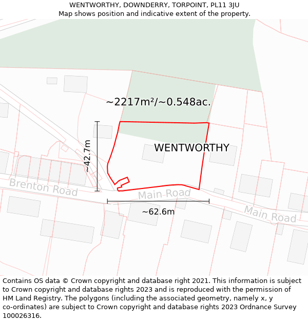 WENTWORTHY, DOWNDERRY, TORPOINT, PL11 3JU: Plot and title map