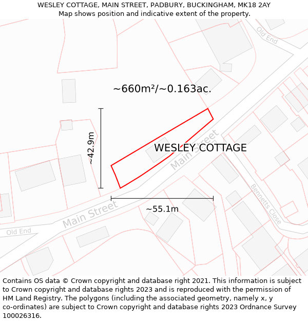 WESLEY COTTAGE, MAIN STREET, PADBURY, BUCKINGHAM, MK18 2AY: Plot and title map