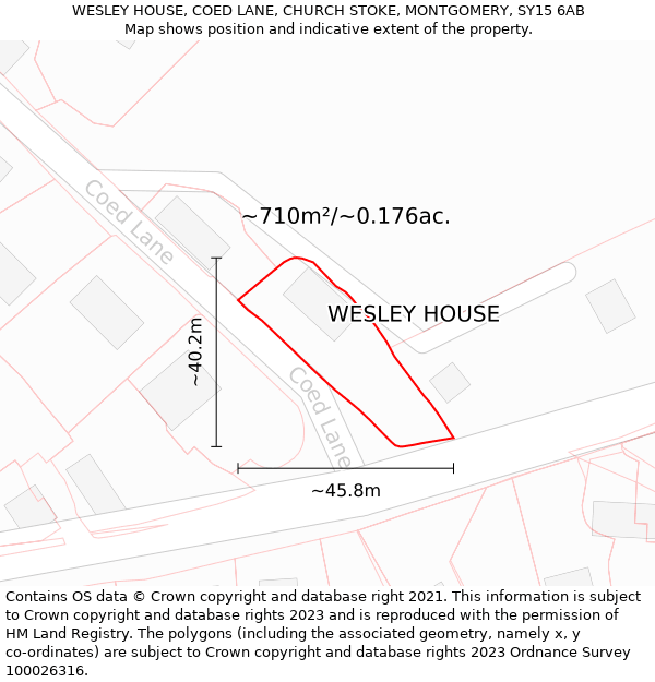 WESLEY HOUSE, COED LANE, CHURCH STOKE, MONTGOMERY, SY15 6AB: Plot and title map