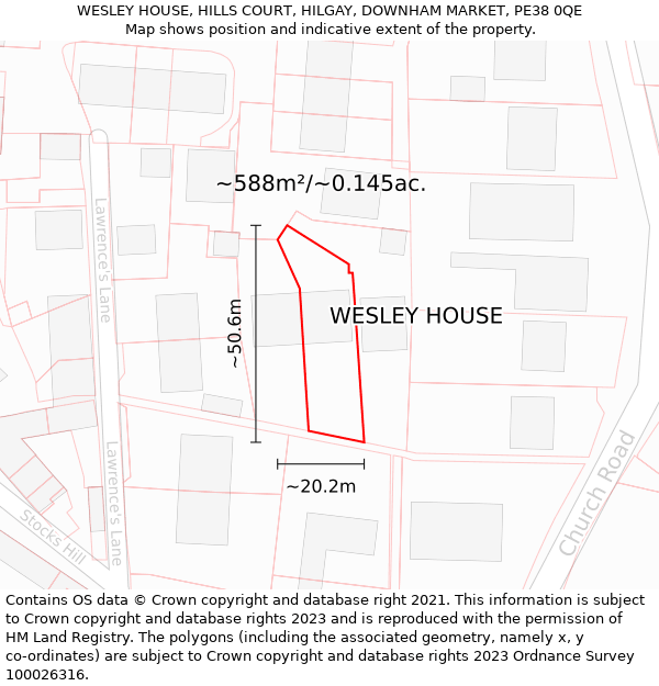 WESLEY HOUSE, HILLS COURT, HILGAY, DOWNHAM MARKET, PE38 0QE: Plot and title map