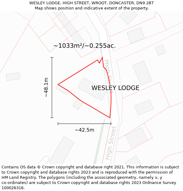 WESLEY LODGE, HIGH STREET, WROOT, DONCASTER, DN9 2BT: Plot and title map