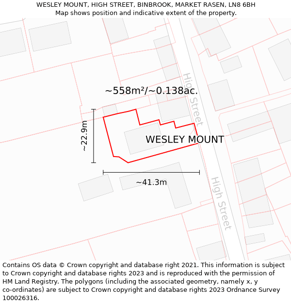 WESLEY MOUNT, HIGH STREET, BINBROOK, MARKET RASEN, LN8 6BH: Plot and title map